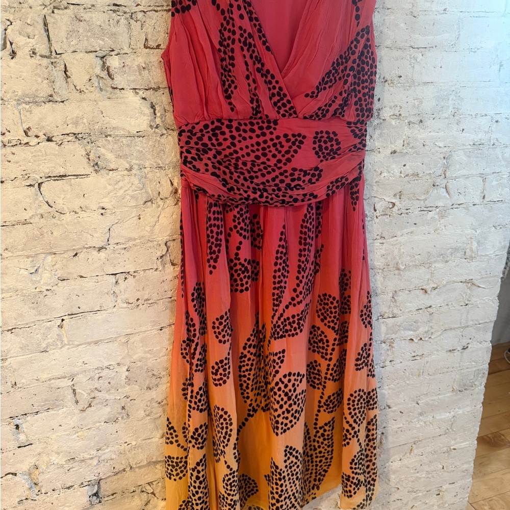 Sleeveless Pink to Orange Ombre Midi Dress with Black Spot Print